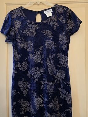 Vintage Especially Yours Blue Velvet Floral Long Slit  Dress Womens Size 9/10